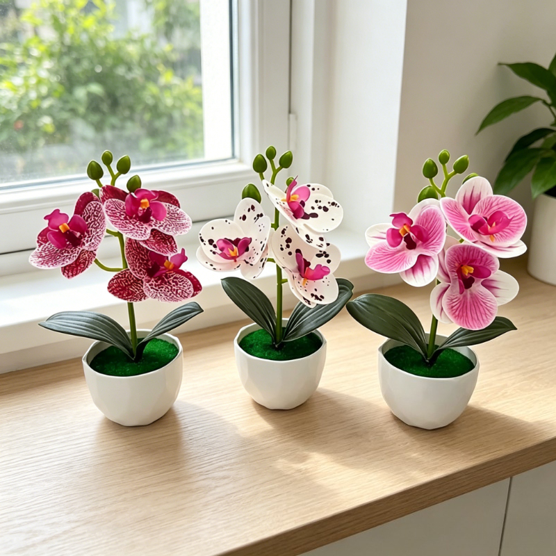 Desk Setup Plants - 3pcs Artificial Phalaenopsis Orchid Fake Flowers