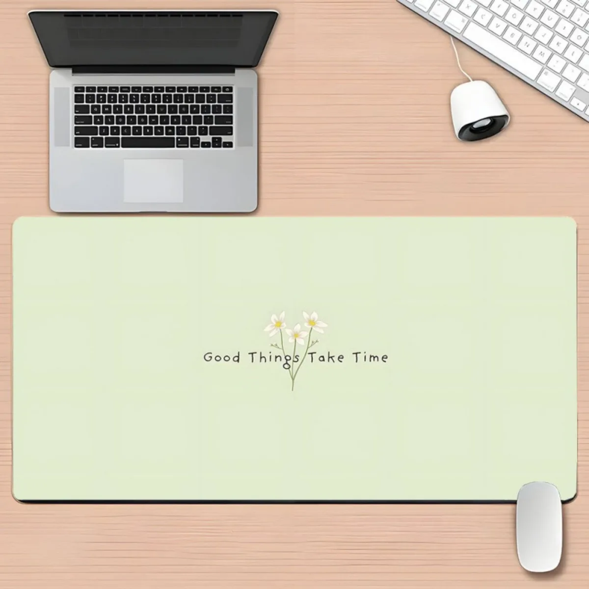 Desk Setup Laptop And Pc - Mint Green Floral Rubber Mouse Pad