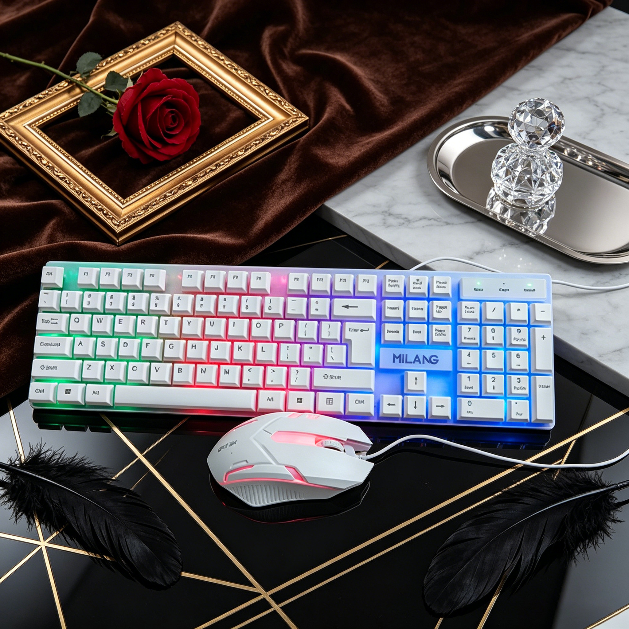 Desk Setup For Work - Wired RGB Backlit Keyboard Mouse Set,Ergonomic