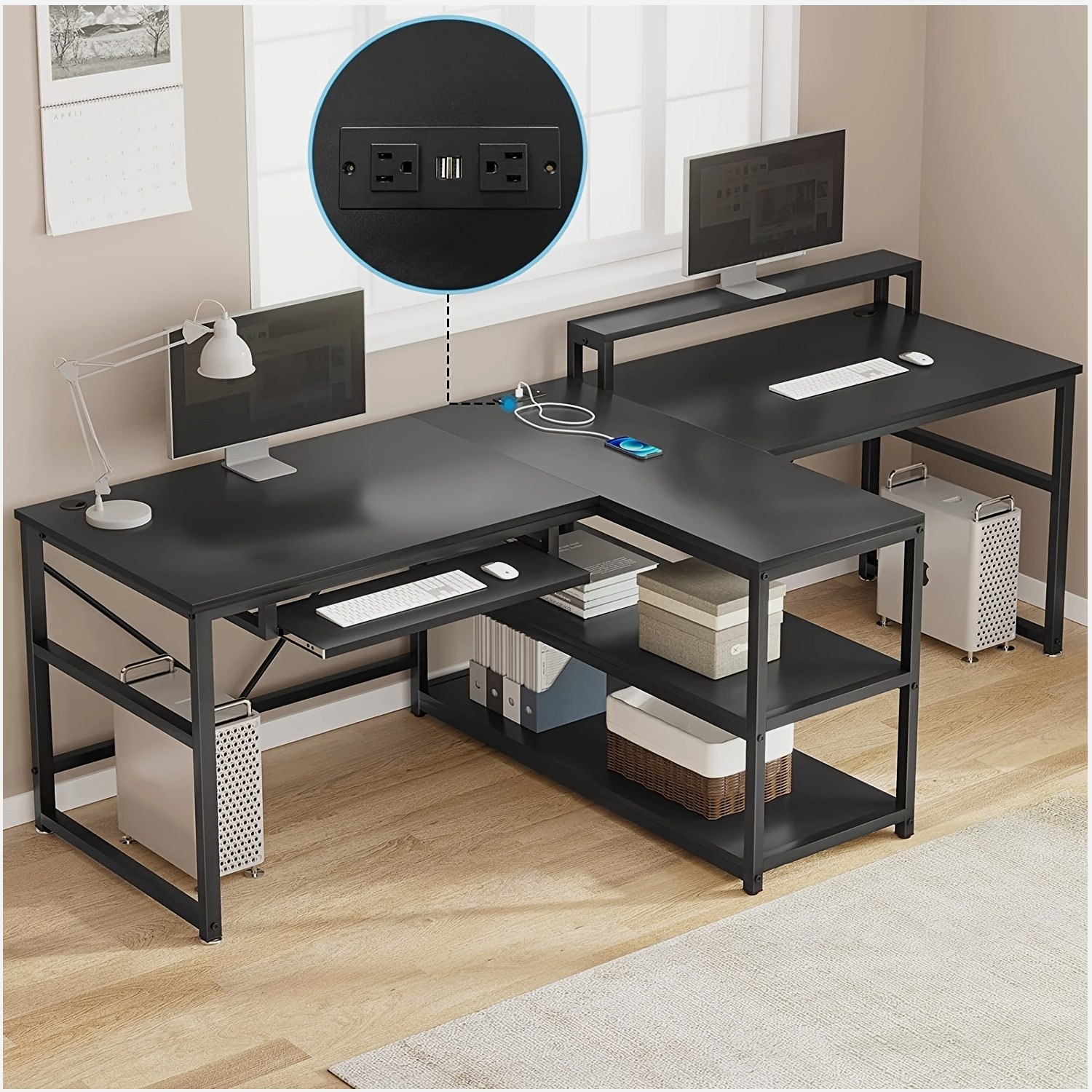 Desk Setup For Work - 94.5-inch Dual-User Gaming Desk with Built-in