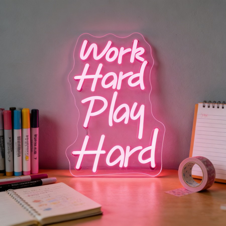 Desk Setup For Work - Work Hard Play Hard Neon Sign