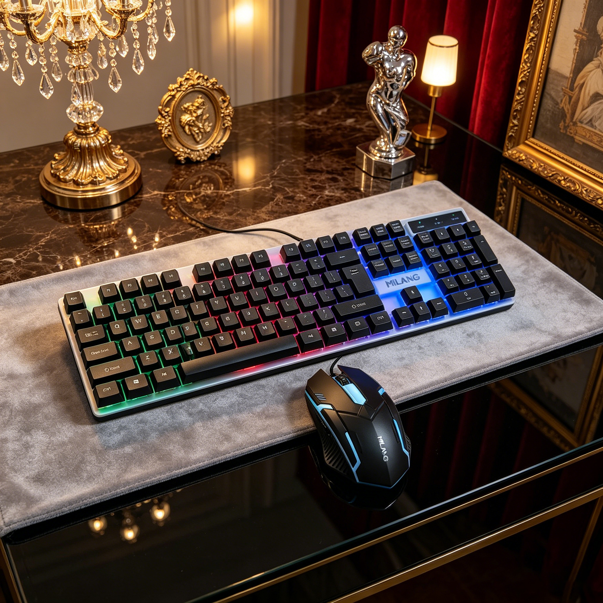 Wired RGB Backlit Keyboard Mou - Desk Setup For Work のレビューと価格